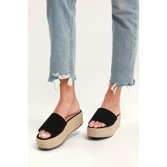 Lulus O'ahu 2 Black Suede Espadrille Flatforms - Size 6.5 - Picture 1 of 1